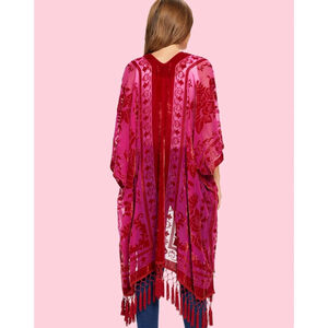 MJ SERECA Women's Burnout Velvet Kimono Long Cardigan Cover Up with Tassel